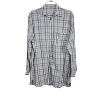 John W. Nordstrom Mens Blue Plaid Cotton Traditional Dress Shirt Pocket Office M